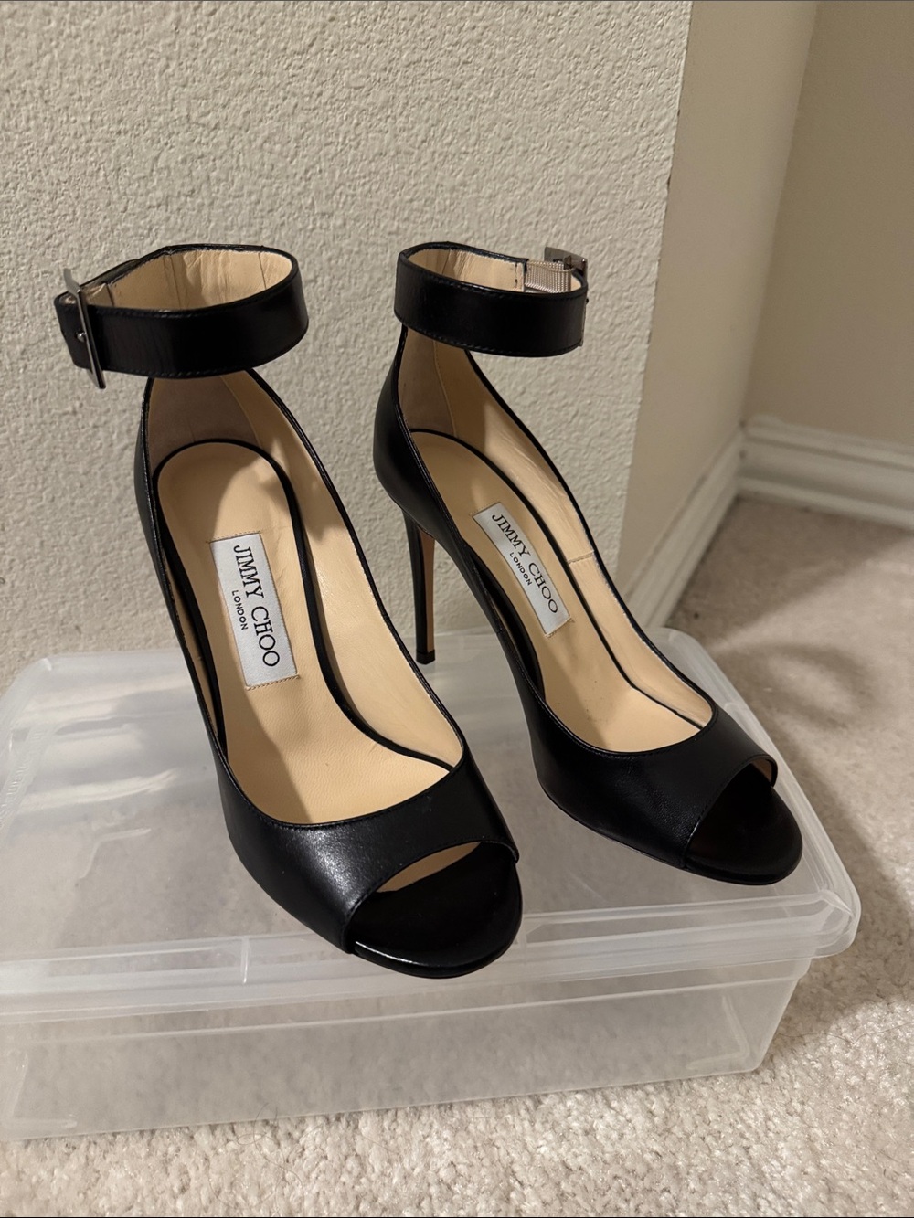 Jimmy Choo Black Leather Ankle-Strap Peep-Toe Stilettos